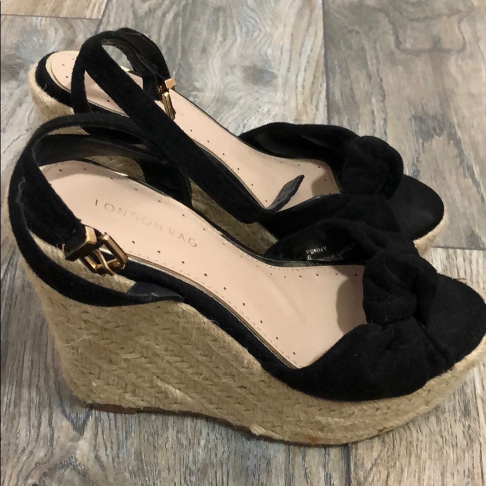 Black Ankle Strap Wedge Espadrille in US 6